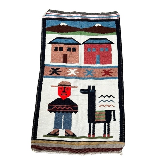Vintage Peruvian Weave Hook Rug Tapestry South American Alpaca Andes Farmer - Picture 1 of 5